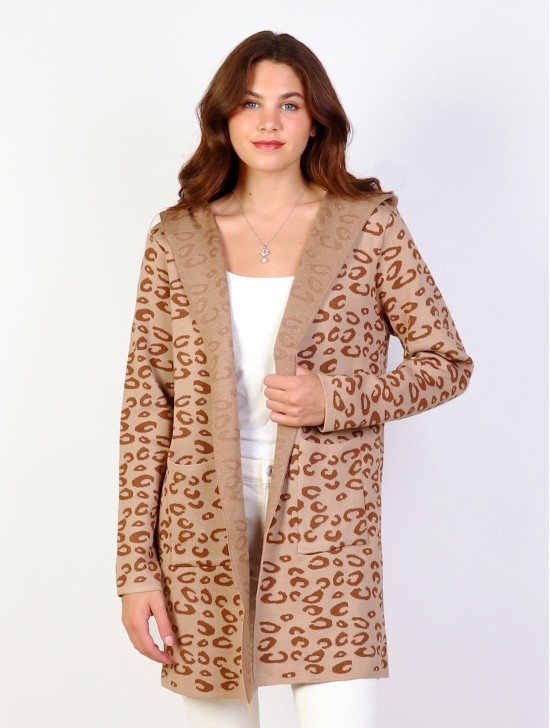 Leopard Print Premium Cardigan with Hood and Pockets	